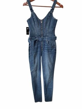 GUESS Washed Blue Denim Overall Jumpsuit with Waist Tie
